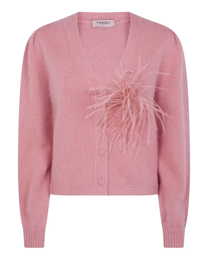 Twin-Set feather-embellished puffed-sleeve cardigan - Rosa Rosa