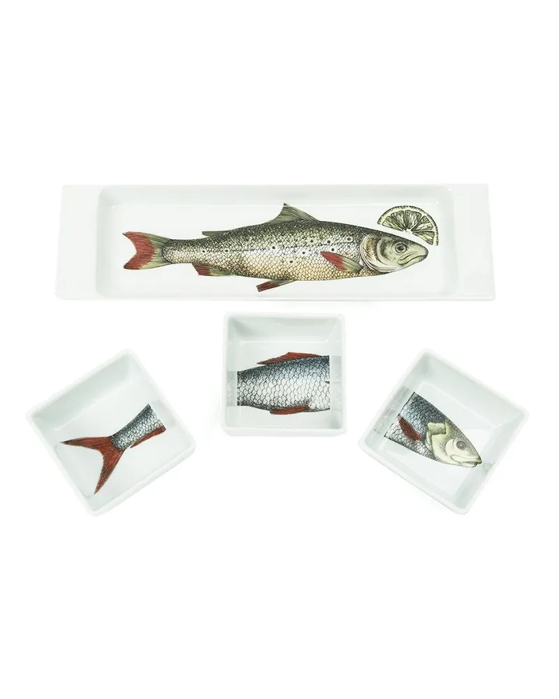 Fornasetti Teller-Set mit Fischmotiv Weiß