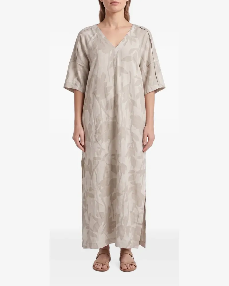 Brunello Cucinelli maxi leaf-pattern V-neck dress - Nude Nude