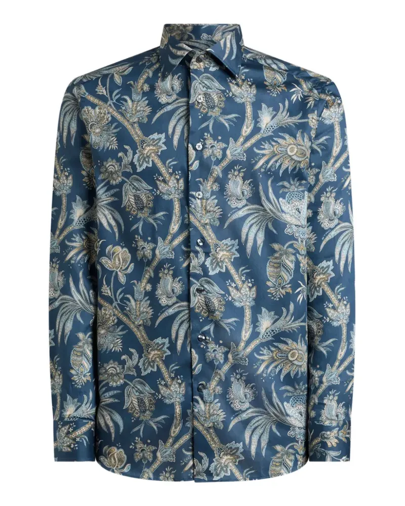 Etro shirt in cotton satin with floral paisley motif - Blau Blau