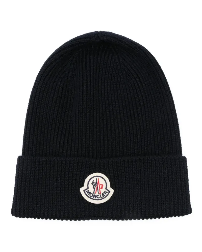 Moncler Gerippte Beanie mit Logo-Patch - Blau Blau