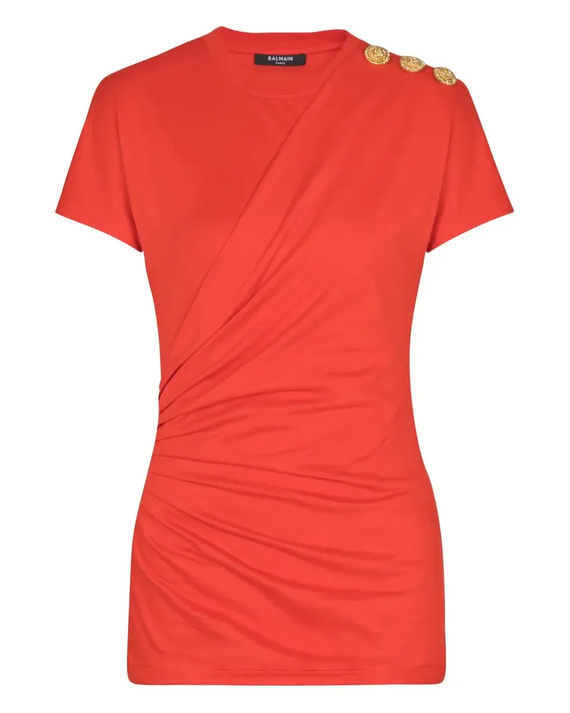 Balmain Drapiertes T-Shirt mit Löwenkopf-Knöpfen - Rot Rot