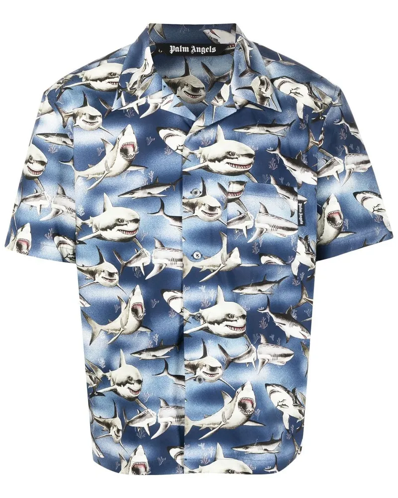 Palm Angels Bowlinghemd mit Hai-Print - Blau Blau