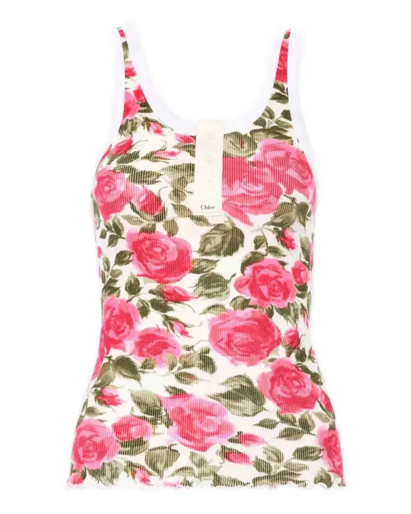 Chloé rose-print ribbed jersey tank top - Rosa Rosa