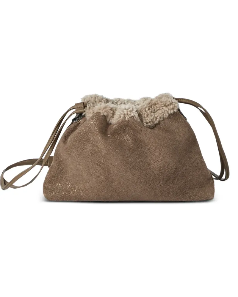 Brunello Cucinelli Funkelnde Beuteltasche aus strukturiertem Leder mit Merino-Shearling-Futter und Monili - Braun Braun