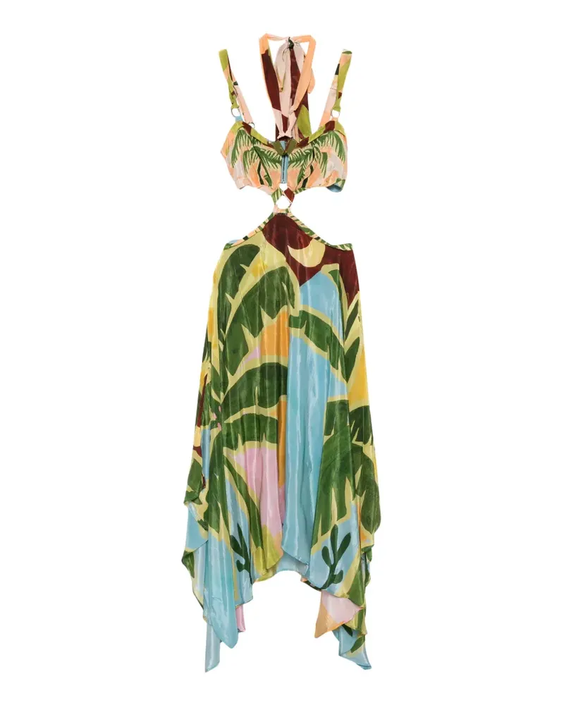 FARM Rio tropical-print asymmetric midi dress - Grün Grün