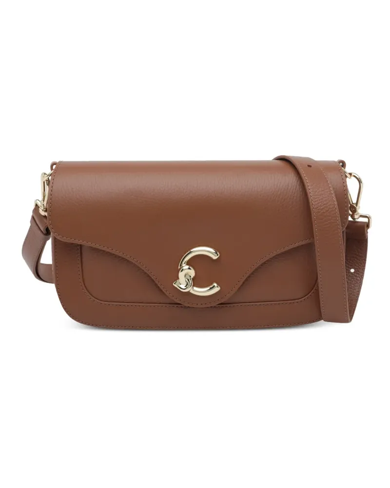 Coccinelle Mittelgroße C-Me Schultertasche aus gekörntem Leder mit Logo-Schild - Braun Braun