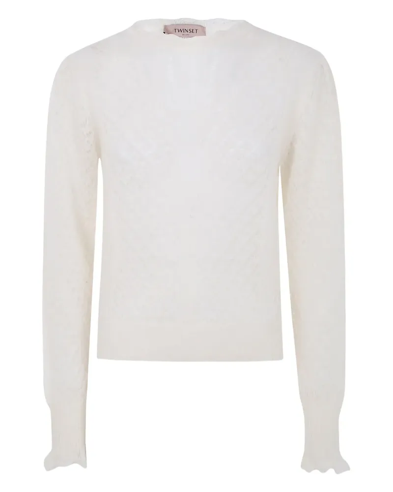 Twin-Set Lochstrick-Pullover mit gerüschten Bündchen - Weiß Weiß