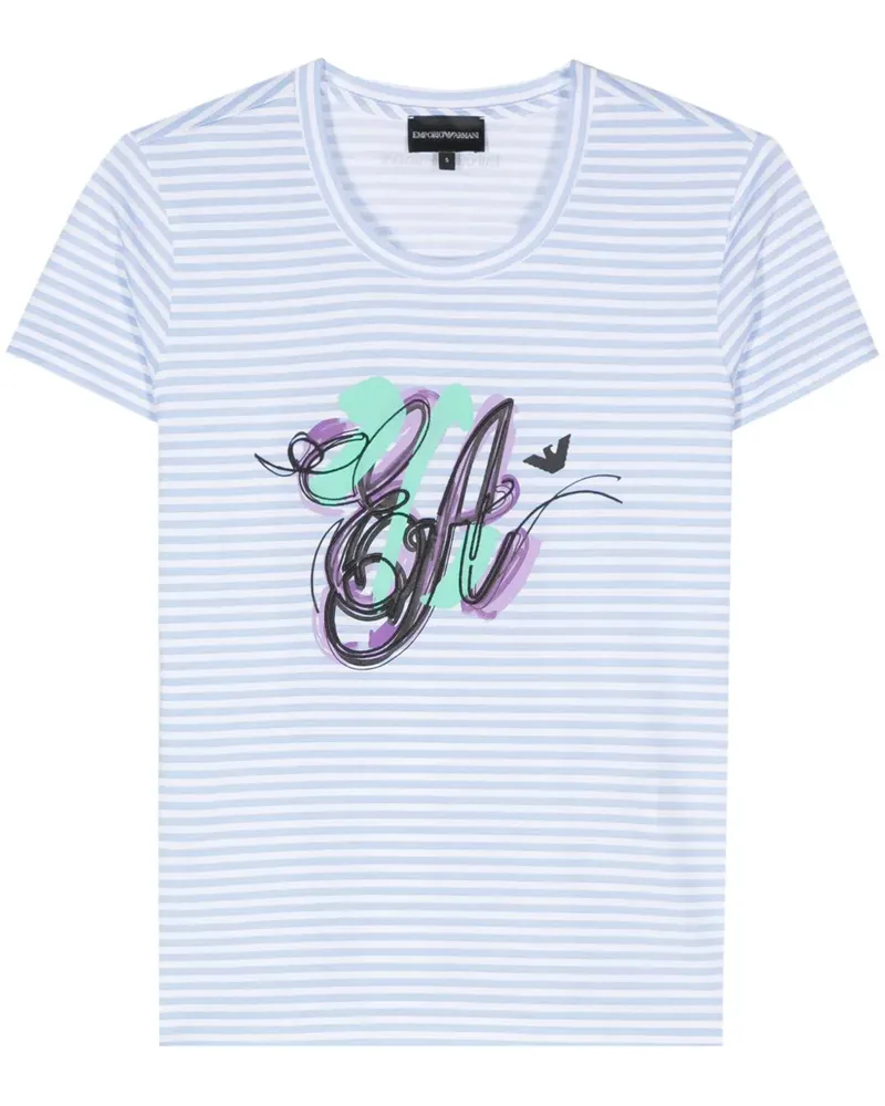 Emporio Armani Gestreiftes T-Shirt mit Logo-Print - Weiß Weiß