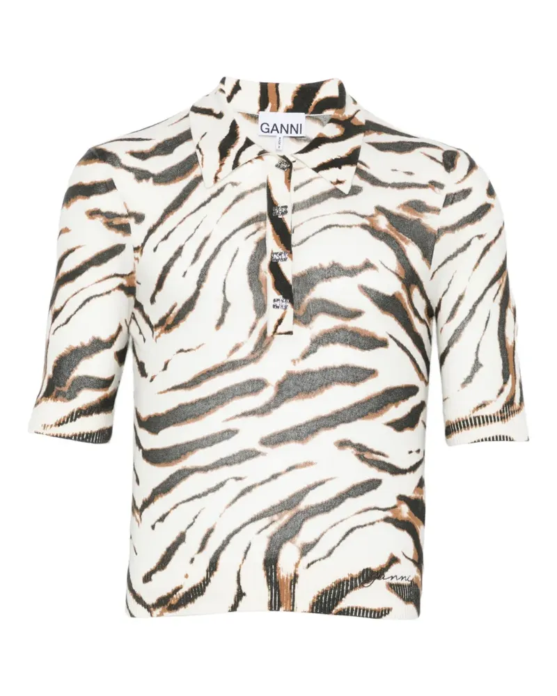 Ganni Logo-Poloshirt mit Zebraprint - Weiß Weiß