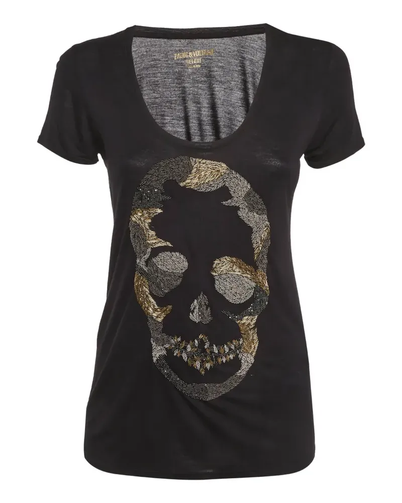 Zadig & Voltaire T-Shirt mit Totenkopf und Perlenverzierung - Schwarz Schwarz