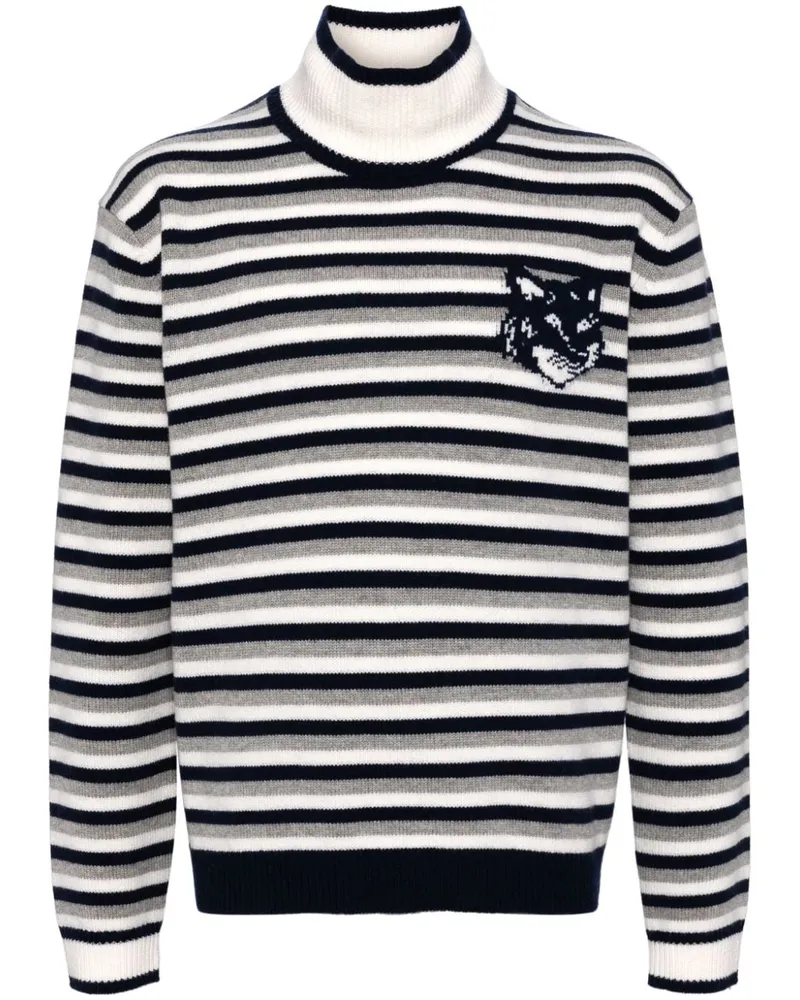 Kitsuné Gestreifter Pullover mit Fuchskopf-Intarsie - Blau Blau