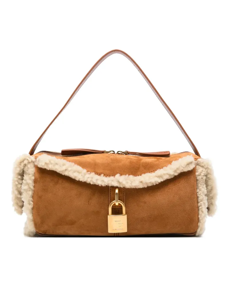 Balmain Pulse shearling-trim suede shoulder bag - Nude Nude