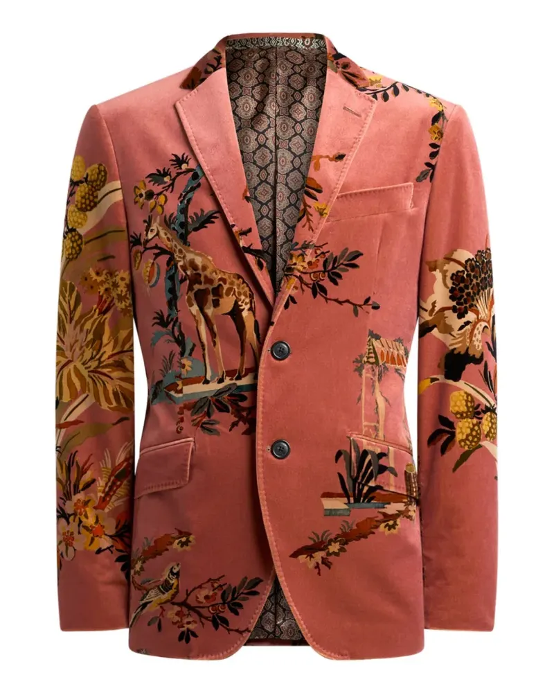 Etro single-breasted cotton velvet jacket with placed floral and animal print - Rosa Rosa