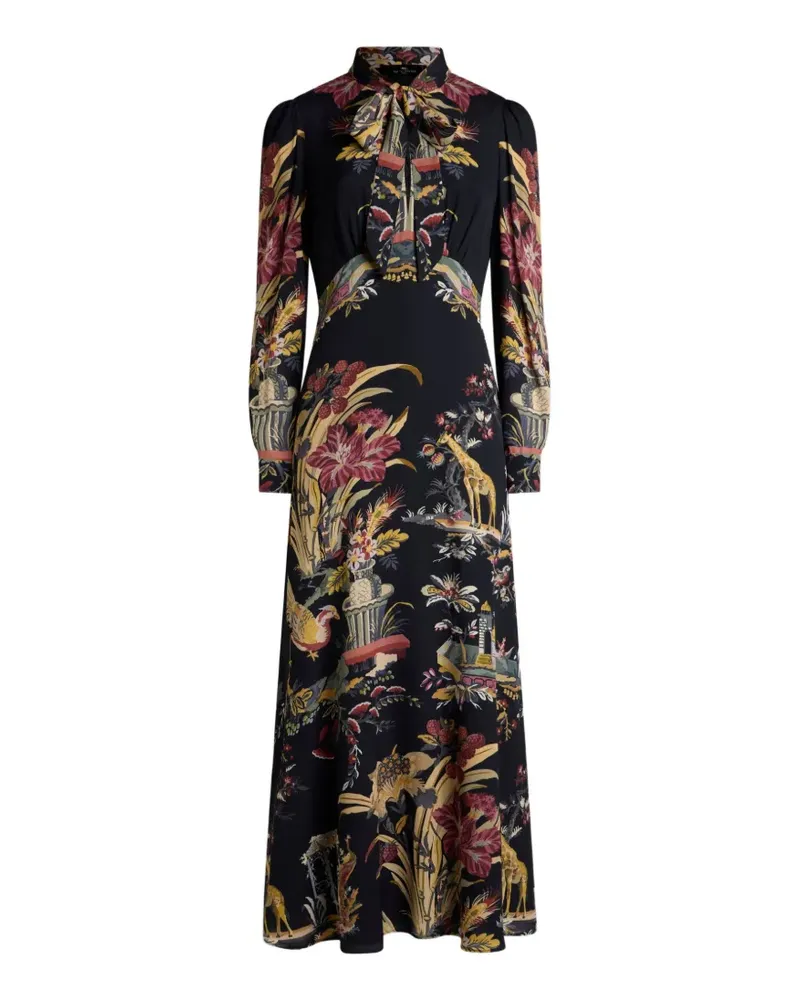 Etro long dress with silk scarf and placed flower and animal print - Schwarz Schwarz
