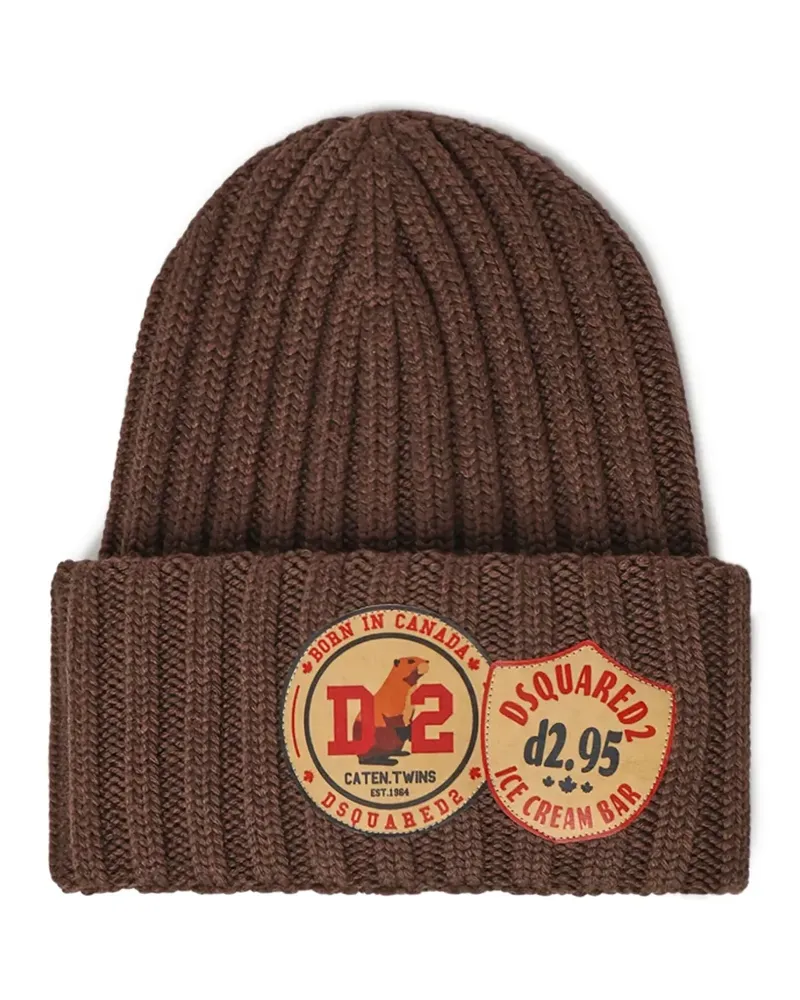Dsquared2 Gerippte Beanie mit Logo-Patch - Braun Braun