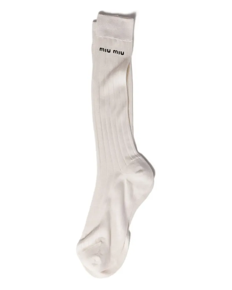 Miu Miu Gerippte Socken mit Logo - Weiß Weiß