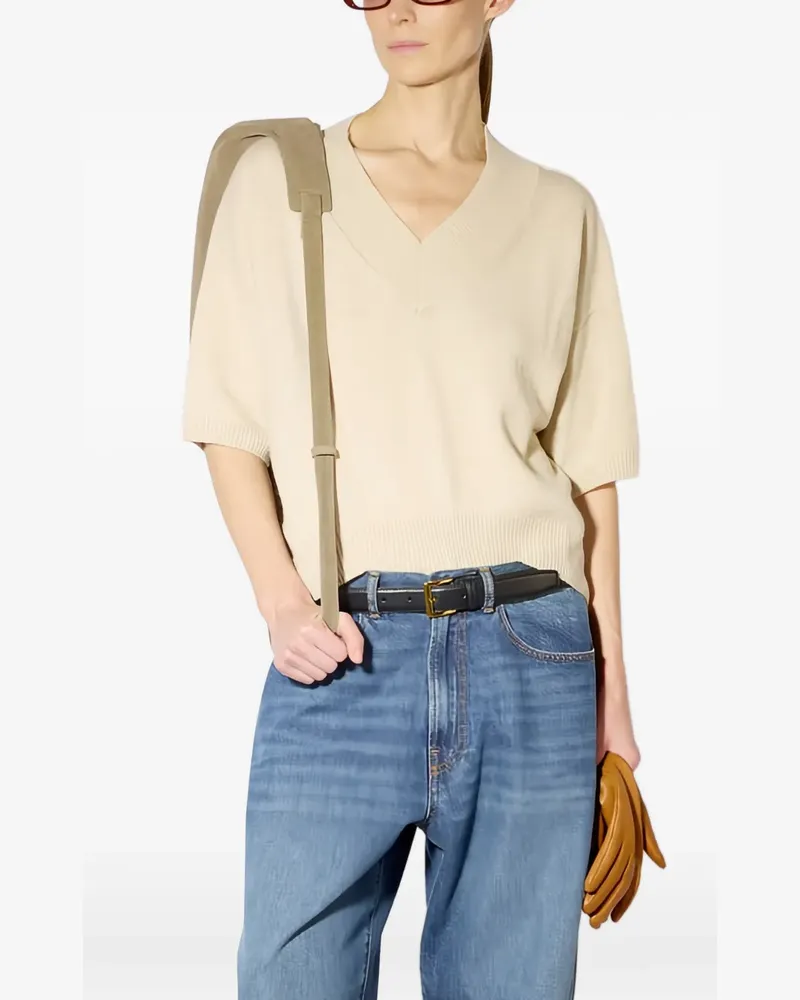 Liviana Conti Kurzärmeliger Pullover mit V-Ausschnitt - Nude Nude