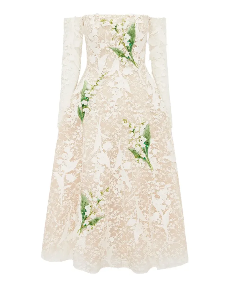 LEO LIN Besticktes Midikleid mit Spitze-Overlay - Weiß Weiß