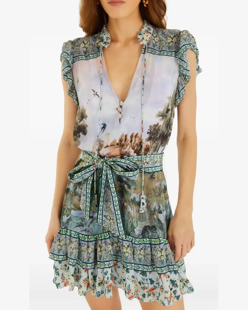 FARM Rio multicolor countryside landscape belted ruffled mini dress - Blau Blau