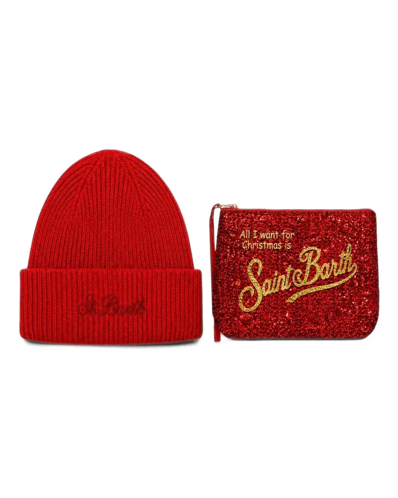 MC2 Saint Barth Pochette mit Merry Christmas-Stickerei und roter Beanie im Set Rot