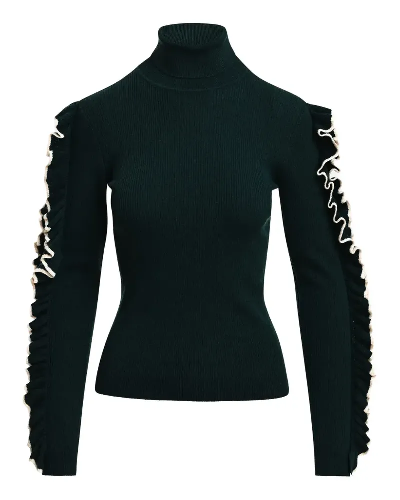 Essentiel Gerippter Strickpullover mit Rüschenbesatz - Grün Grün