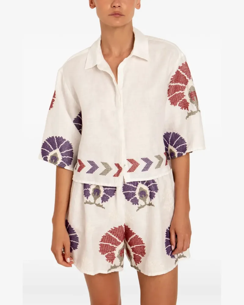 Greek Archaic Kori Mini Peacock embroidered shirt - Weiß Weiß