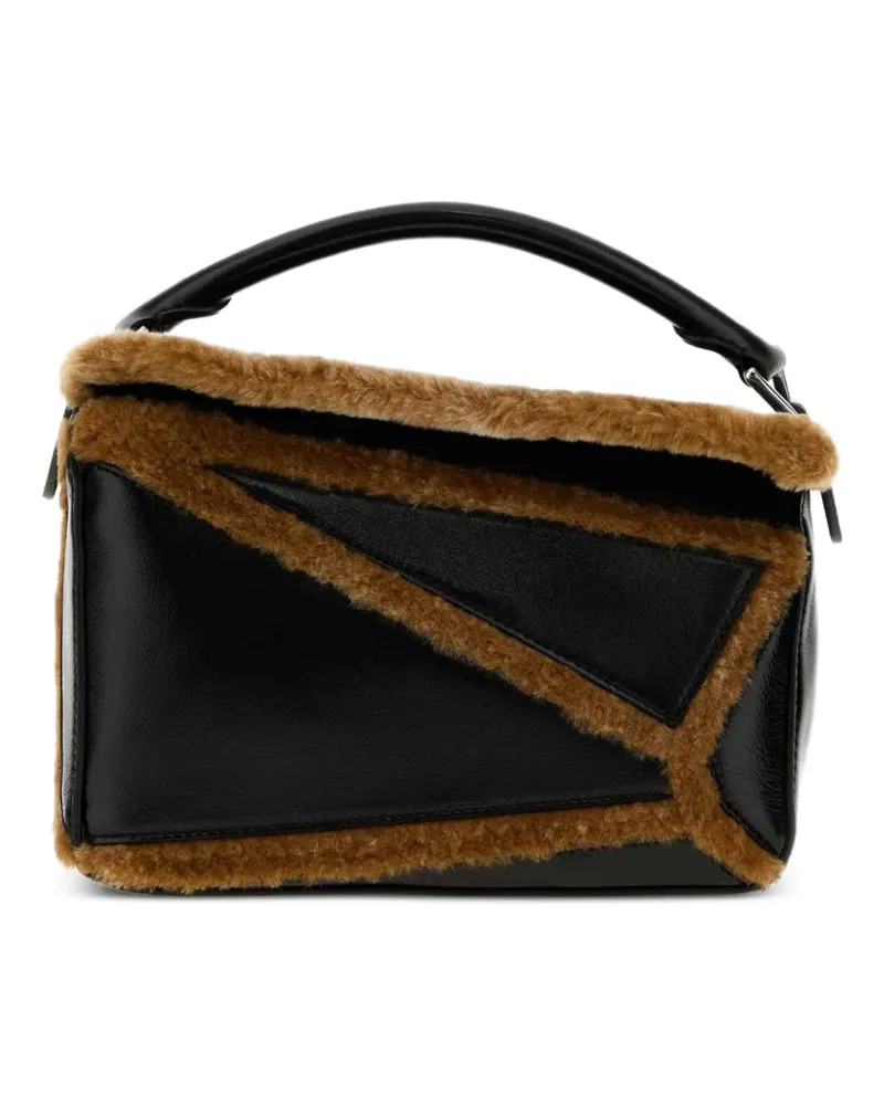 Loewe Kleine Puzzle Tote Bag mit Shearling-Besatz - Schwarz Schwarz