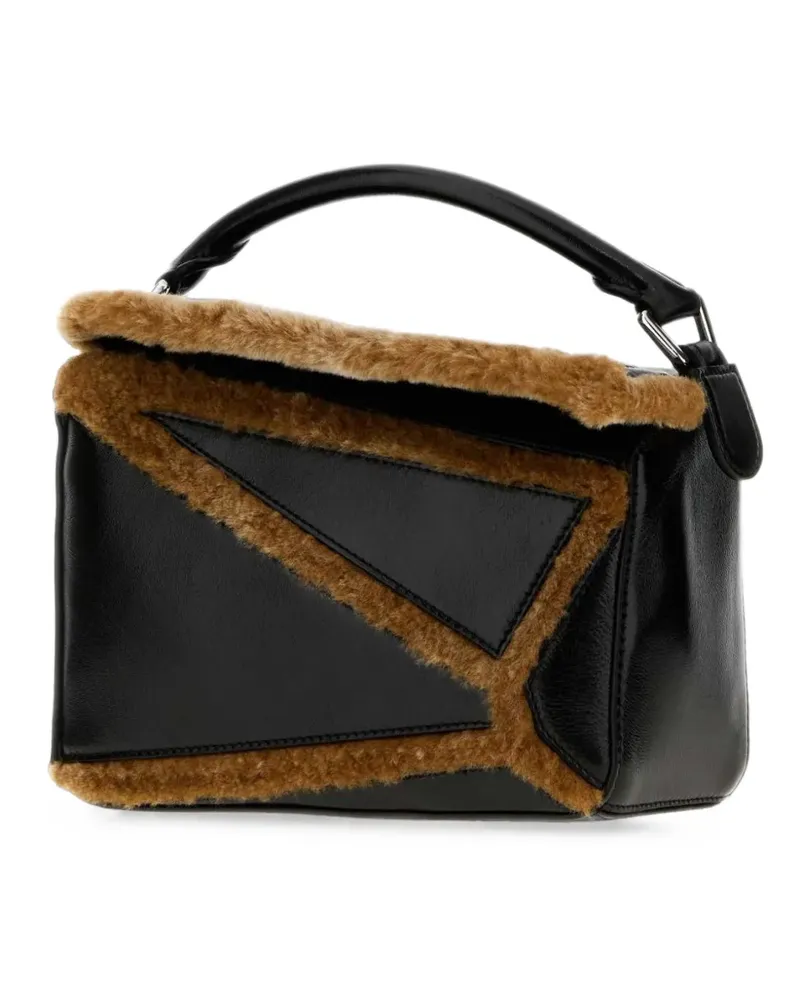 Loewe Kleine Puzzle Tote Bag mit Shearling-Besatz - Schwarz Schwarz