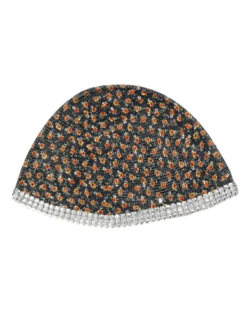 Paco Rabanne Beanie mit schwarzem Liberty-Print und silbernen Verzierungen Schwarz