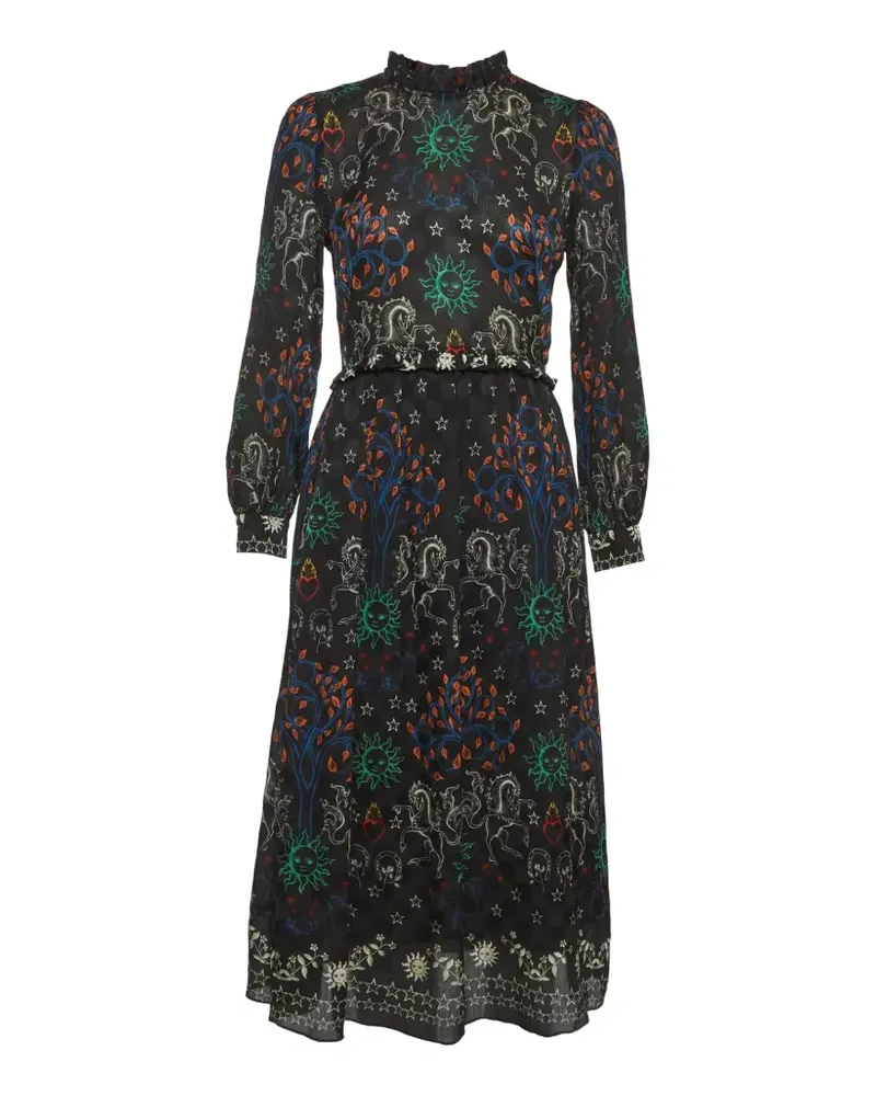 Sandro ruffled-trim printed midi dress - Schwarz Schwarz