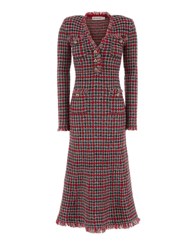 Self-Portrait check-knit frayed midi dress - Rot Rot