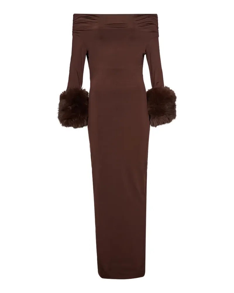 ANDAMANE Tyla faux-fur-trimmed off-the-shoulder fitted midi dress - Braun Braun