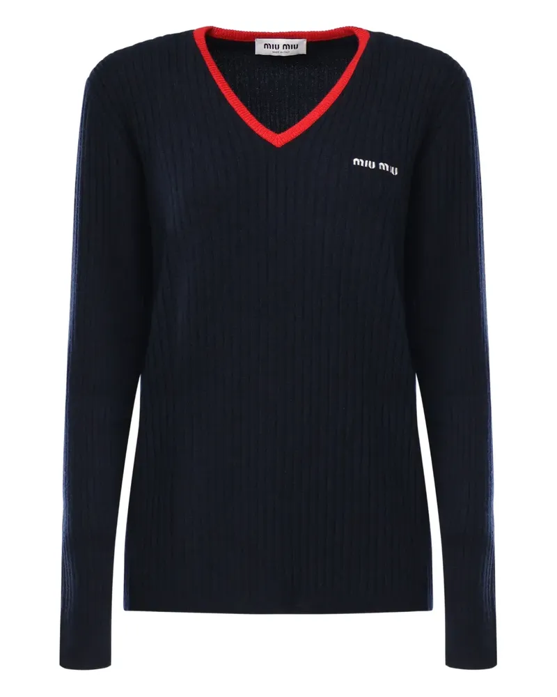 Miu Miu Gerippter Pullover mit V-Ausschnitt - Blau Blau