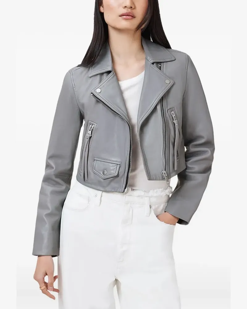 AllSaints Elora Cropped-Lederjacke mit Reißverschluss - Grau Grau