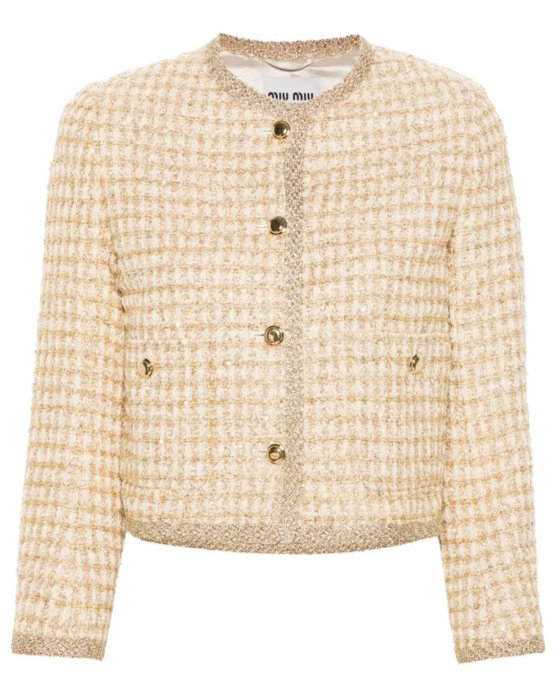 Miu Miu Tweed-Jacke mit Logo-Patch - Nude Nude