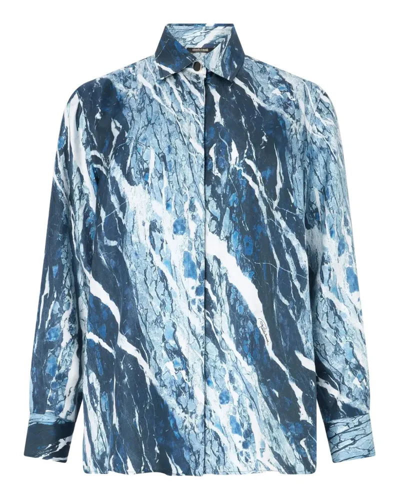 Roberto Cavalli marble-print long-sleeve blouse - Blau Blau