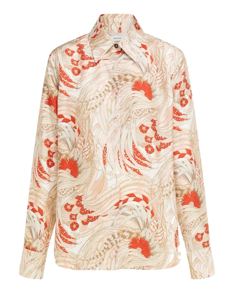 Ferragamo Seidentwill-Hemd mit Hahn-Print - Nude Nude