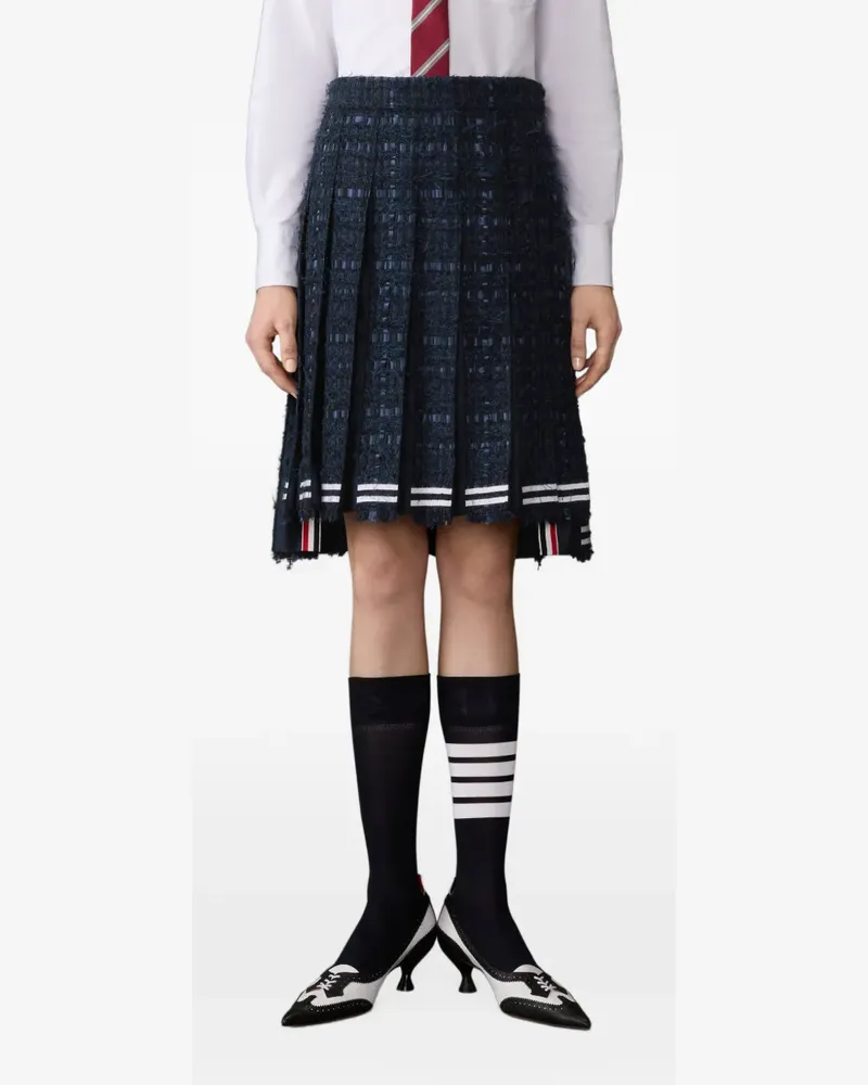 Thom Browne Ausgefranster Tweed-Faltenrock mit Satinband - Blau Blau