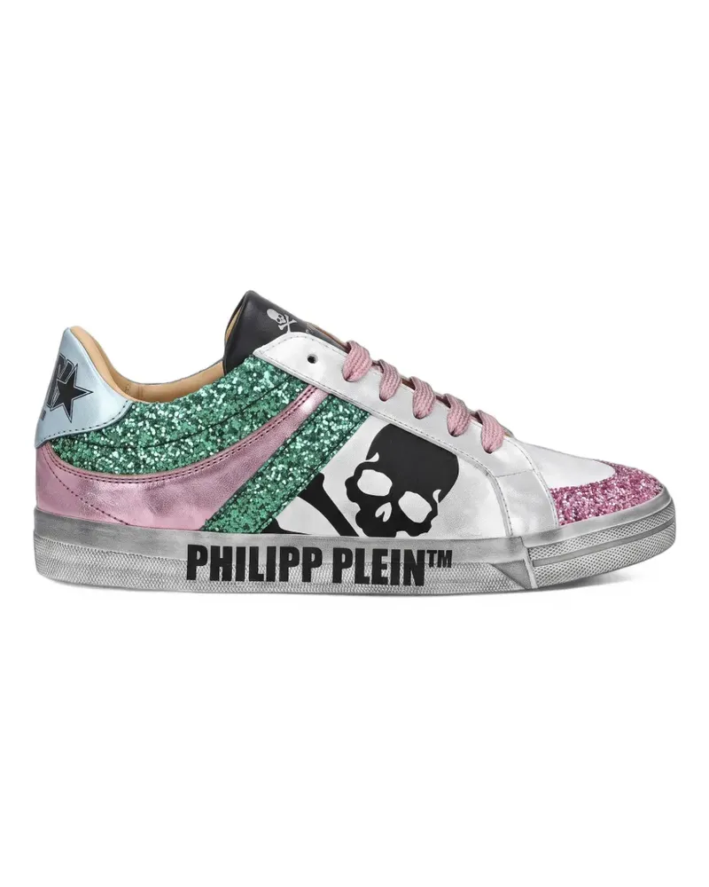 Philipp Plein Sneakers aus Nappaleder mit Totenkopf im Glitter-Look - Silber Silber