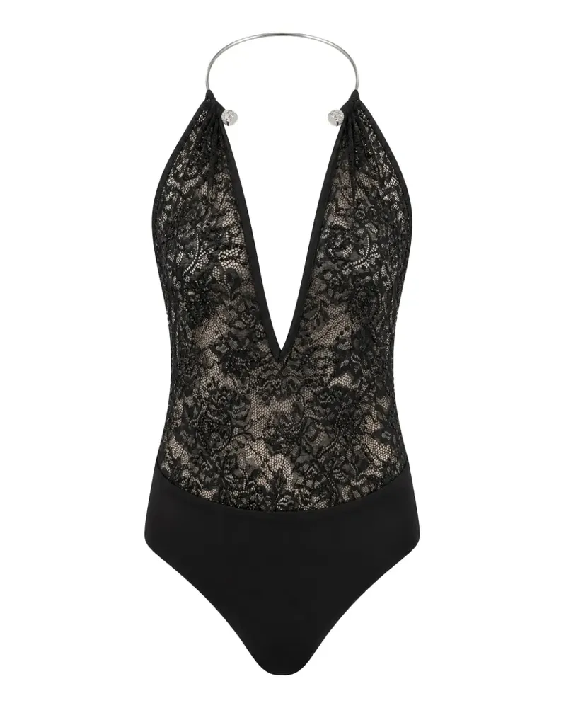 Philipp Plein Piercing Collar open back bodysuit monogram strass - Schwarz Schwarz
