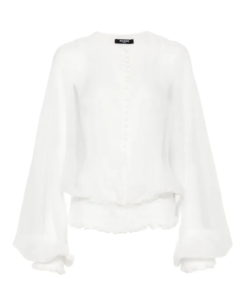 Balmain Bluse aus Seidenchiffon mit gesmoktem Bund - Weiß Weiß