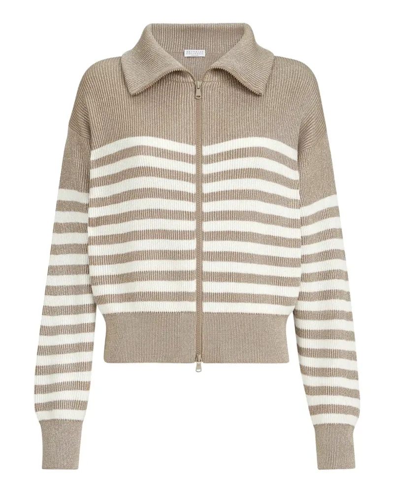Brunello Cucinelli sparkling cotton striped English rib cardigan with zipper and monili - Nude Nude