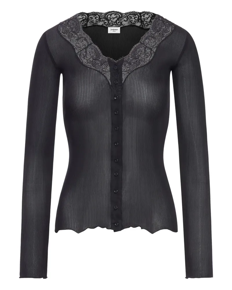 Saint Laurent Gerippter Cardigan mit Spitze - Schwarz Schwarz