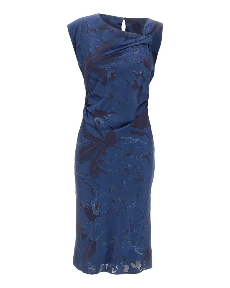 Kaos Icona floral-jacquard asymmetric-neck midi dress - Blau Blau