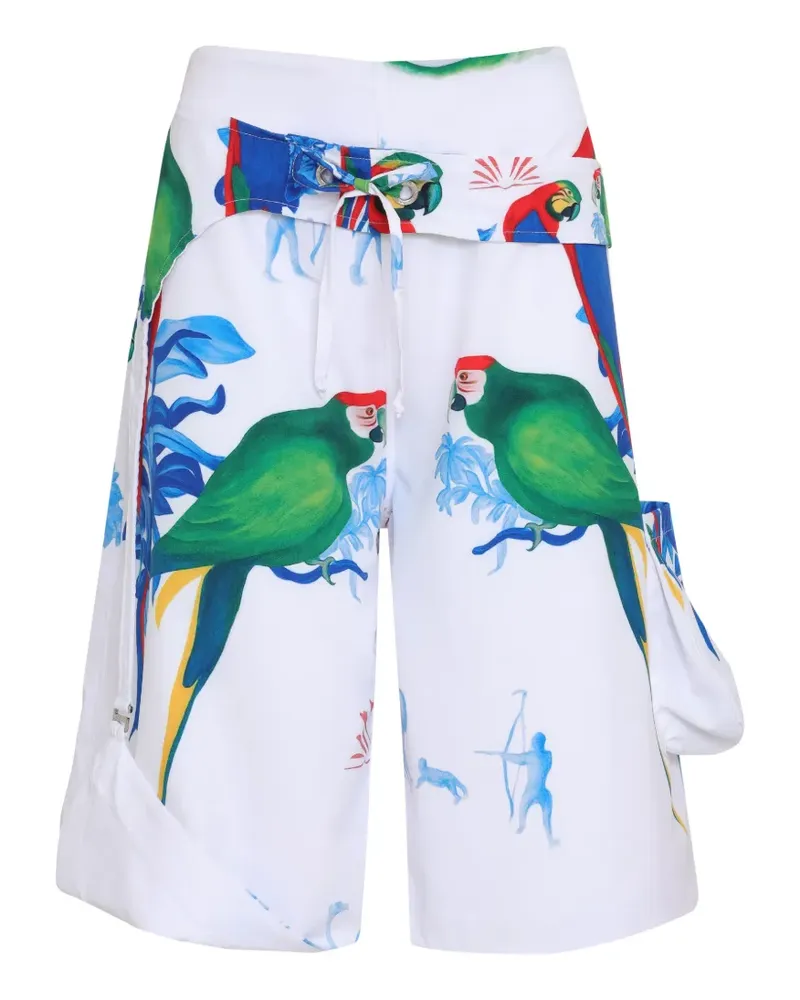 Amir Slama Kordelzug-Shorts mit Papagei-Print - Weiß Weiß