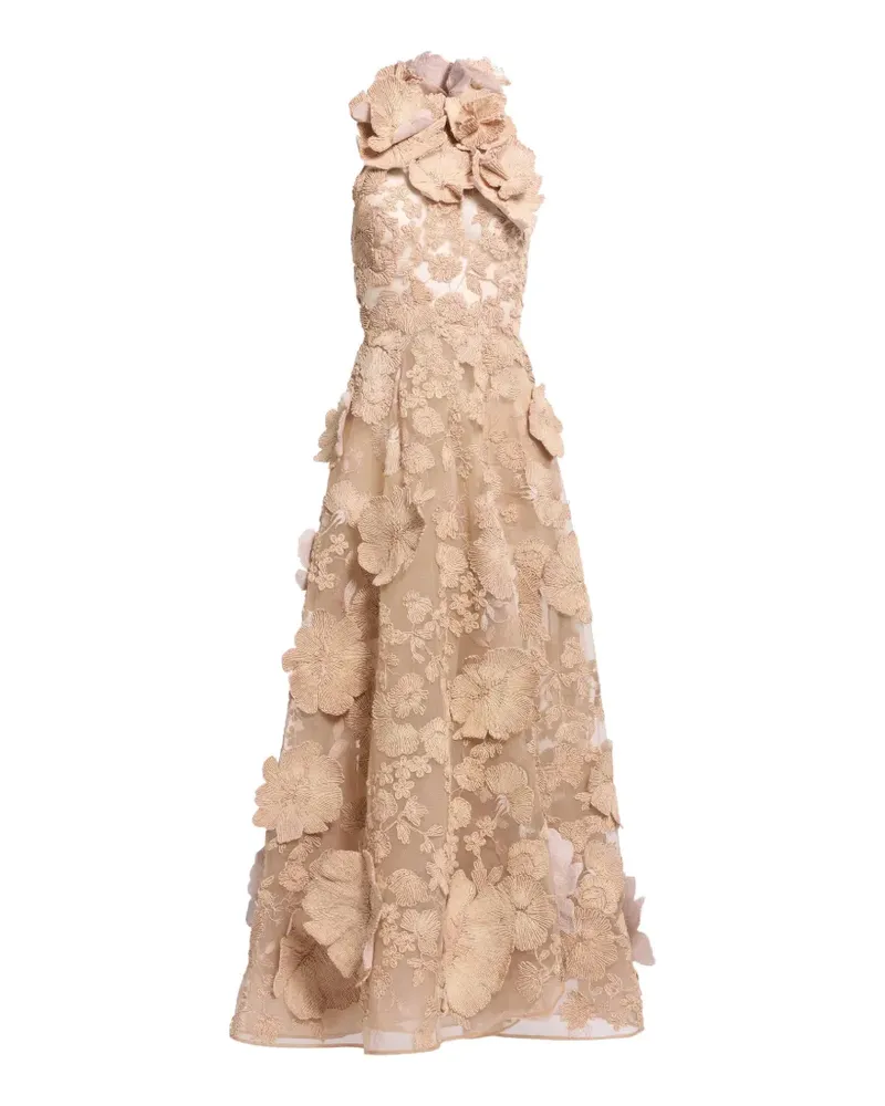 Elie Saab Maxikleid aus Tüll mit Raffiabast-Stickerei - Nude Nude