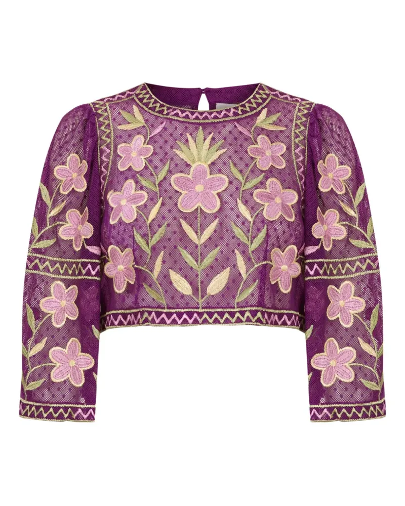 Antik Batik Carioca Oberteil mit Blumenstickerei - Violett Violett