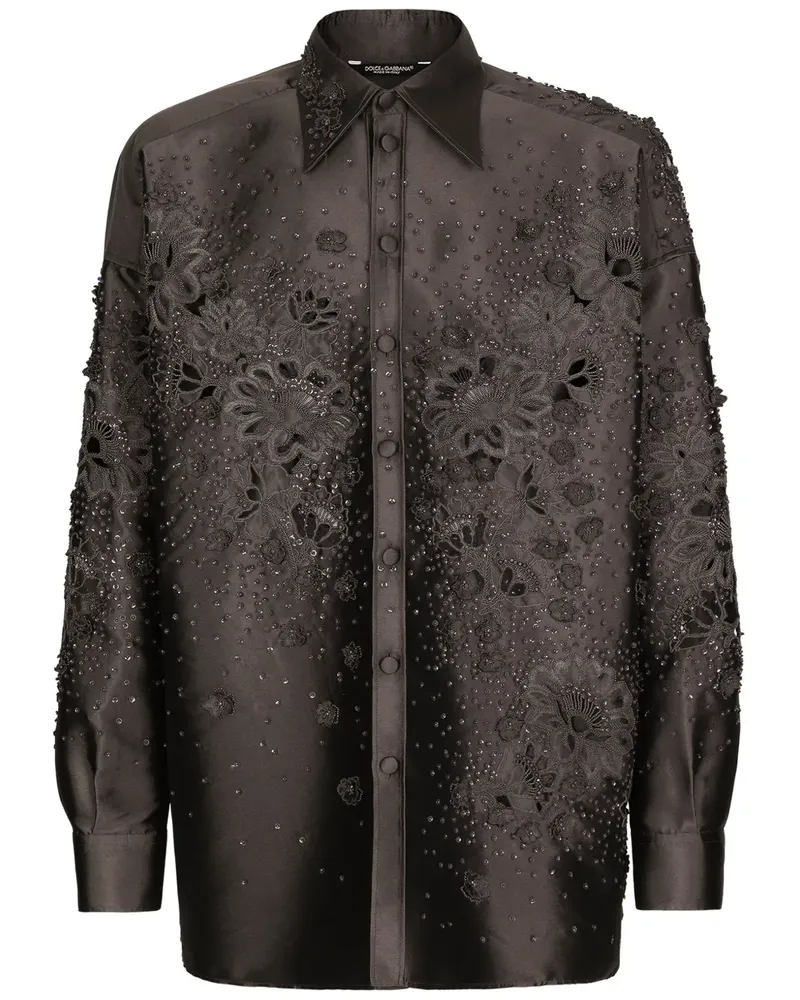 Dolce & Gabbana Seidenhemd mit Blumenstickerei - Schwarz Schwarz