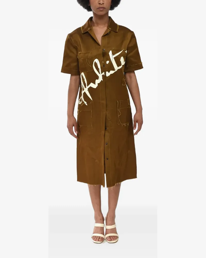 OFF-WHITE midi satin shirtdress with printed logo and raw-cut edges - Braun Braun